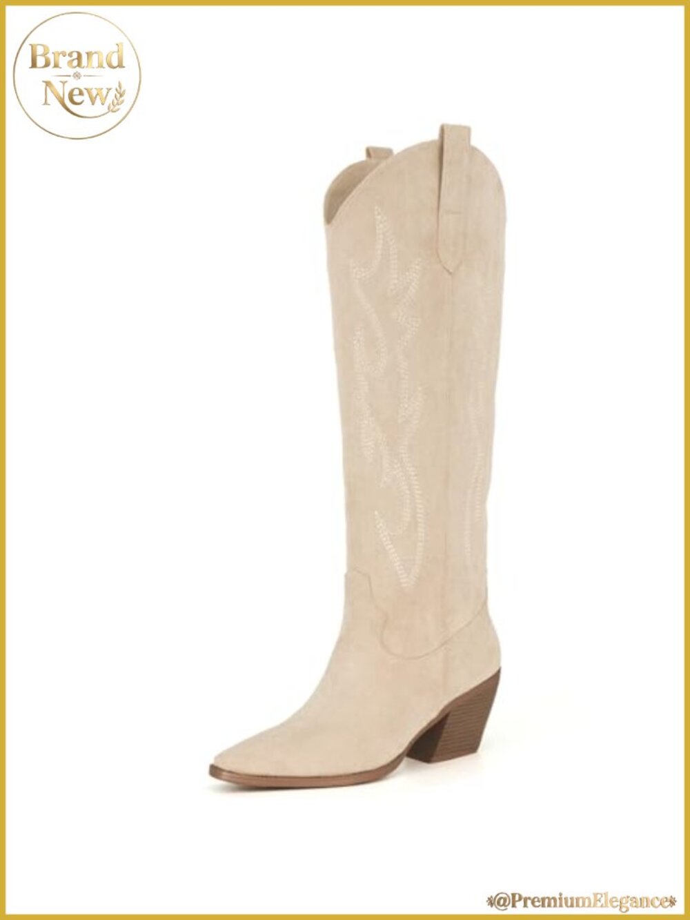 Knee High Cowboy Boots Women Pointed Toe Block Heel Faux Suede Embroidered